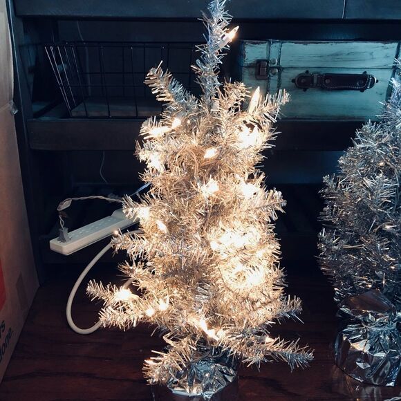 Lighted Silver Tinsel Tabletop Plug-In Holiday Christmas Tree - Picture 1 of 1